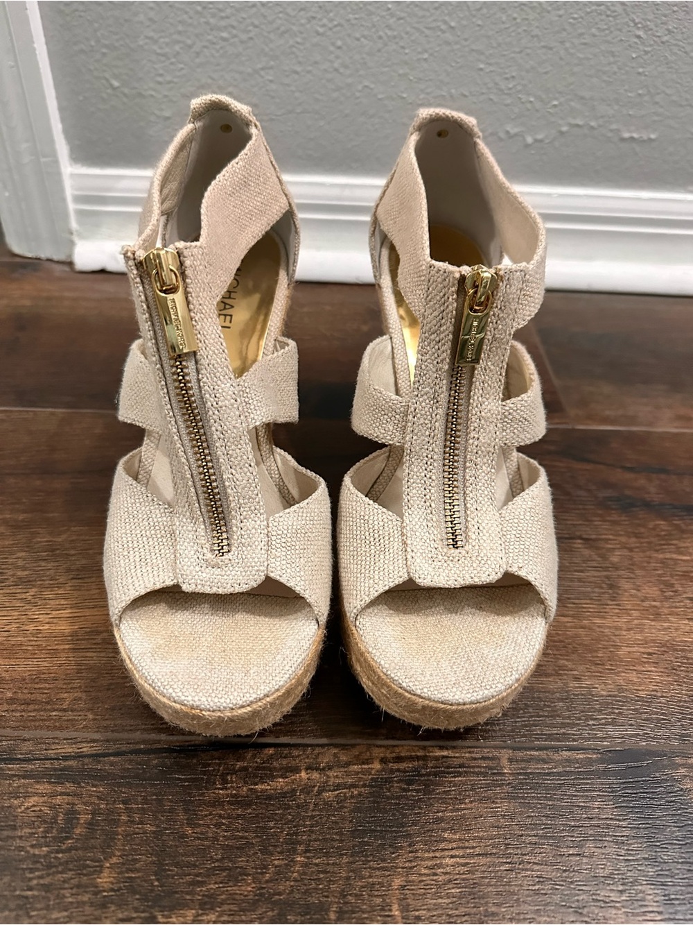 Michael Kors Beige Canvas Espadrille Wedge Sandals with Gold Zippers
